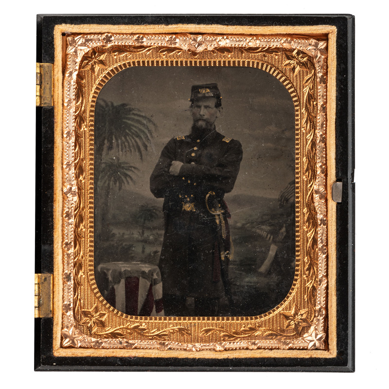 Appraisal: CIVIL WAR Sixth plate tintype of captain in front of