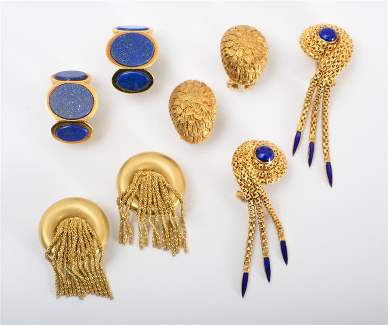 Appraisal: TWO PAIRS OF K GOLD AND LAPIS LAZULI EARCLIPS Stamped