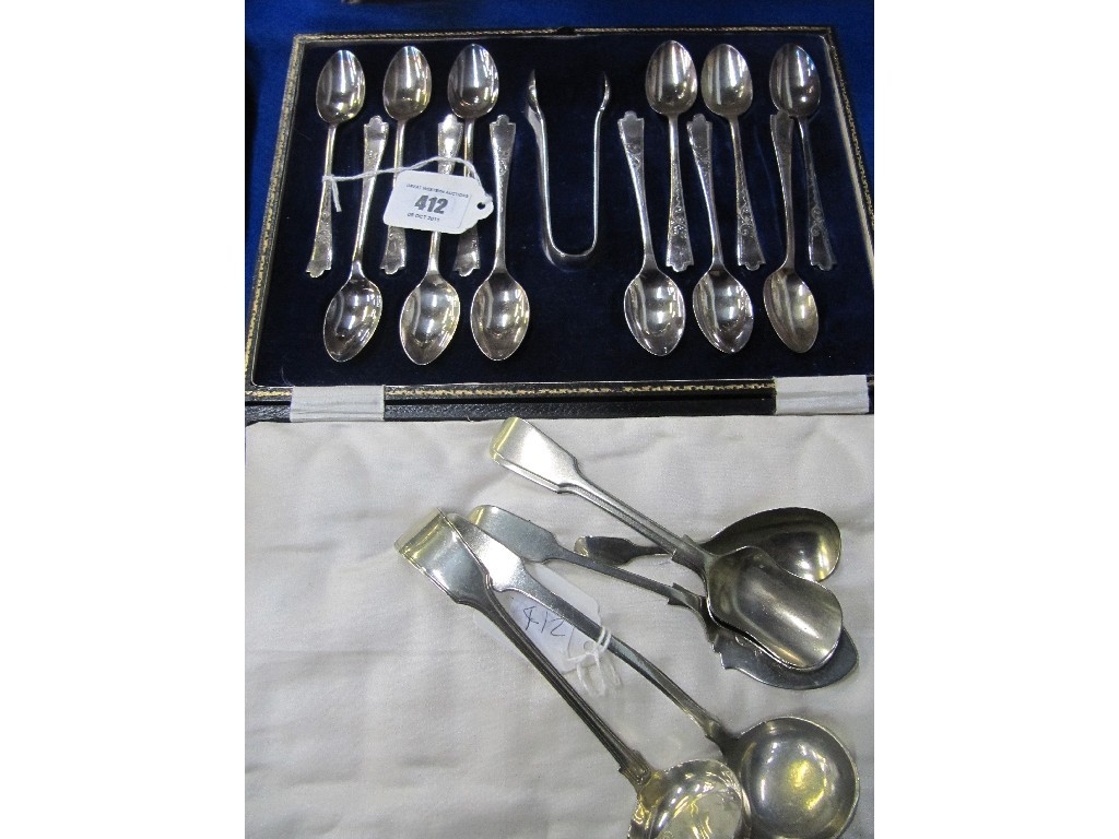 Appraisal: Lot comprising cased set EP spoons and tongs and loose