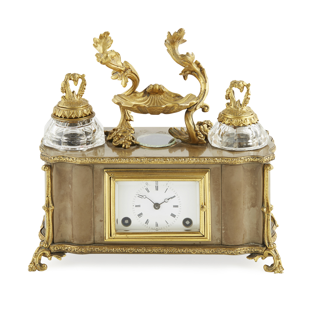 Appraisal: FRENCH POLISHED HARDSTONE AND GILT BRONZE DESK CLOCK LATE TH