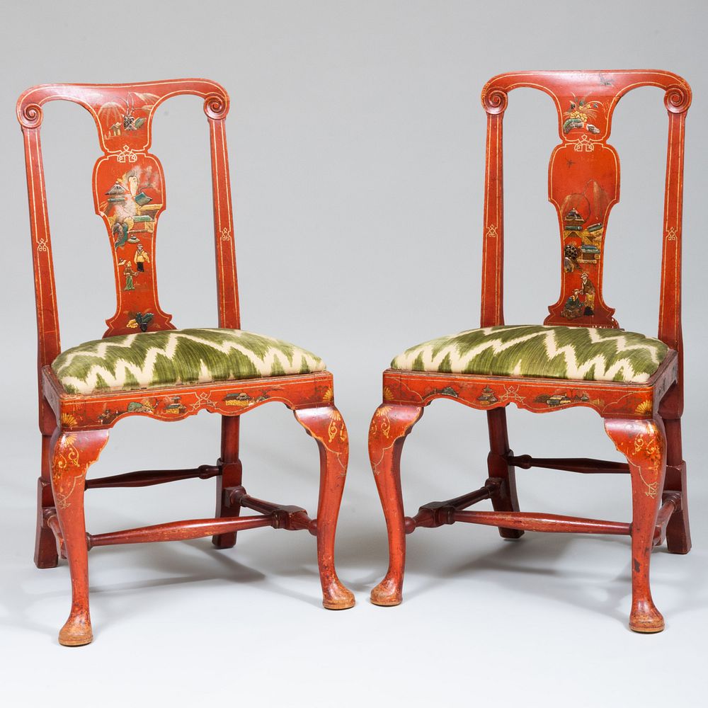 Appraisal: Pair of Queen Anne Scarlet and Polychrome Japanned Side Chairs