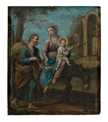 Appraisal: Spanish Colonial painting The Holy Family Flight to Egypt unsigned