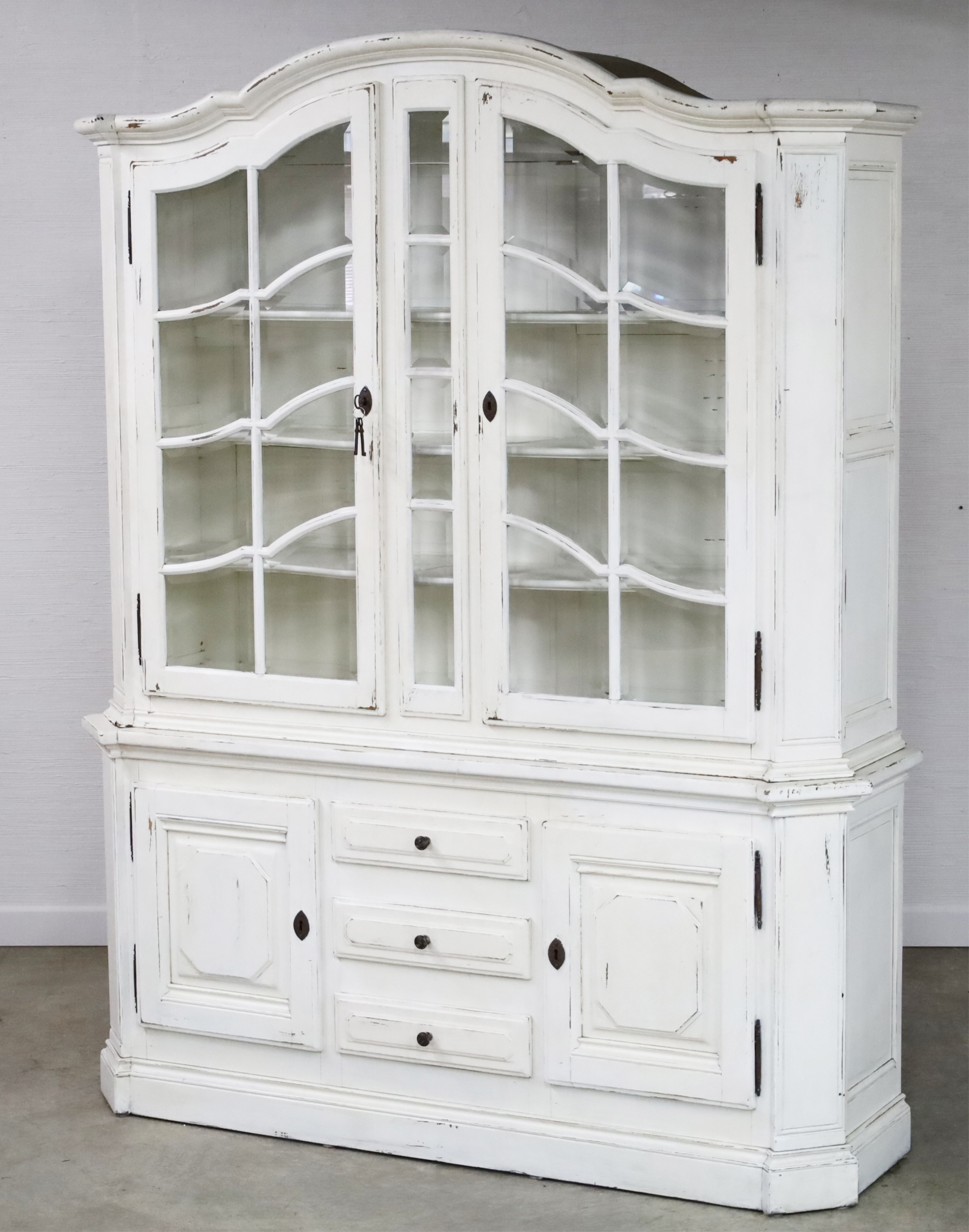 Appraisal: PAINTED DUTCH OAK BONNET TOP CABINET Painted Dutch oak bonnet