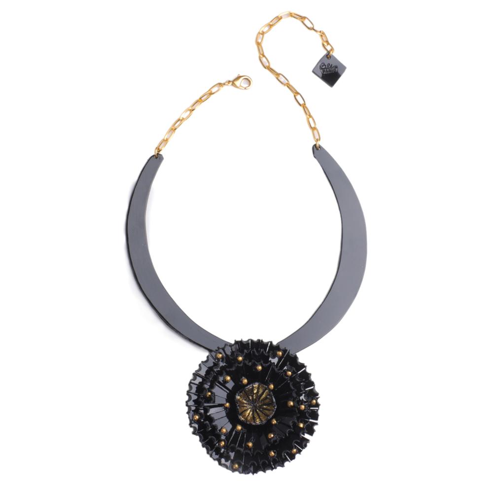 Appraisal: Cilea Paris black resin necklace with layered floral pendant studded