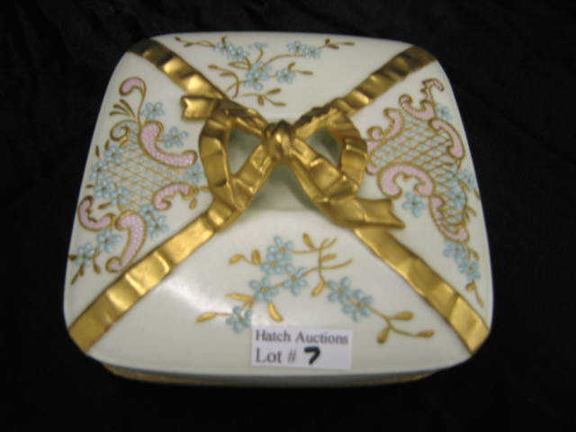 Appraisal: Limoges Porcelain Square Dresser Box gold bow decor