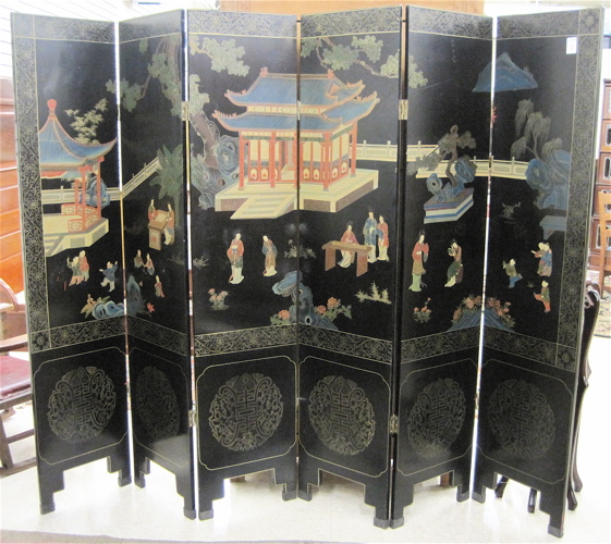 Appraisal: CHINESE SIX-PANEL FLOOR SCREEN one side featuring a palace courtyard