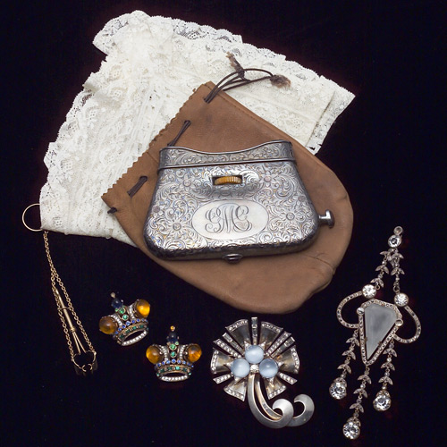 Appraisal: Assorted jewelry and accessories antique chased silver cased opera glasses