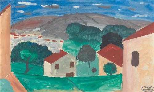 Appraisal: DERAIN ANDRE Chatou - Arches Paysage avec maison rose Gouache