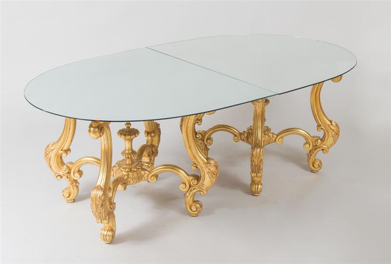 Appraisal: Continental Baroque-Style Carved Giltwood Two-Pedestal Dining Table with a Mirrored