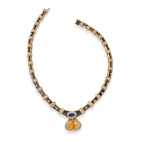 Appraisal: Gold Mother-of-Pearl Diamond Sapphire and Yellow Sapphire Pendant-Necklace Estimate -