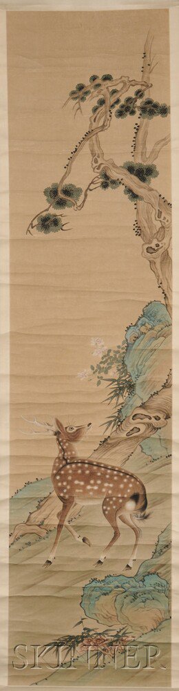 Appraisal: Hanging Scroll Depicting Deer China ink and color on paper