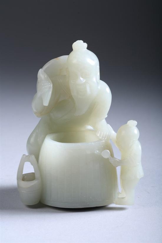 Appraisal: CHINESE CELADON JADE FIGURAL BRUSH WASHER Carved to depict fisherman