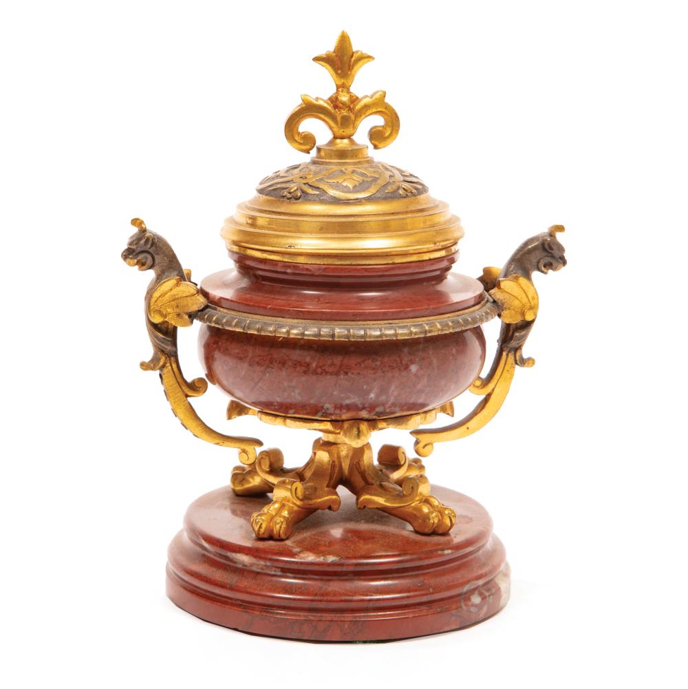 Appraisal: Napoleon III Bronze and Marble Inkwell th c lidded inkpot