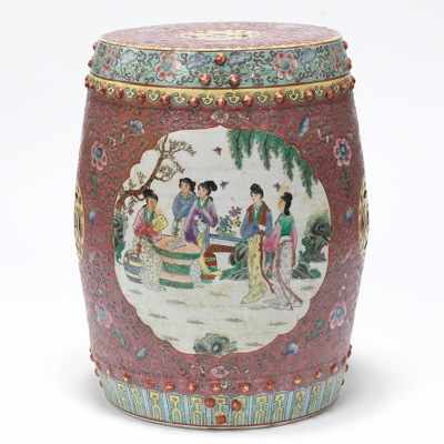 Appraisal: Chinese Style Rose Famille Garden Seat Pottery seat with polychrome