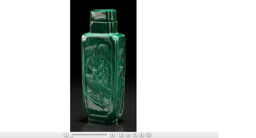 Appraisal: Chinese carved malachite snuff bottleSquare stopper over conforming tall square