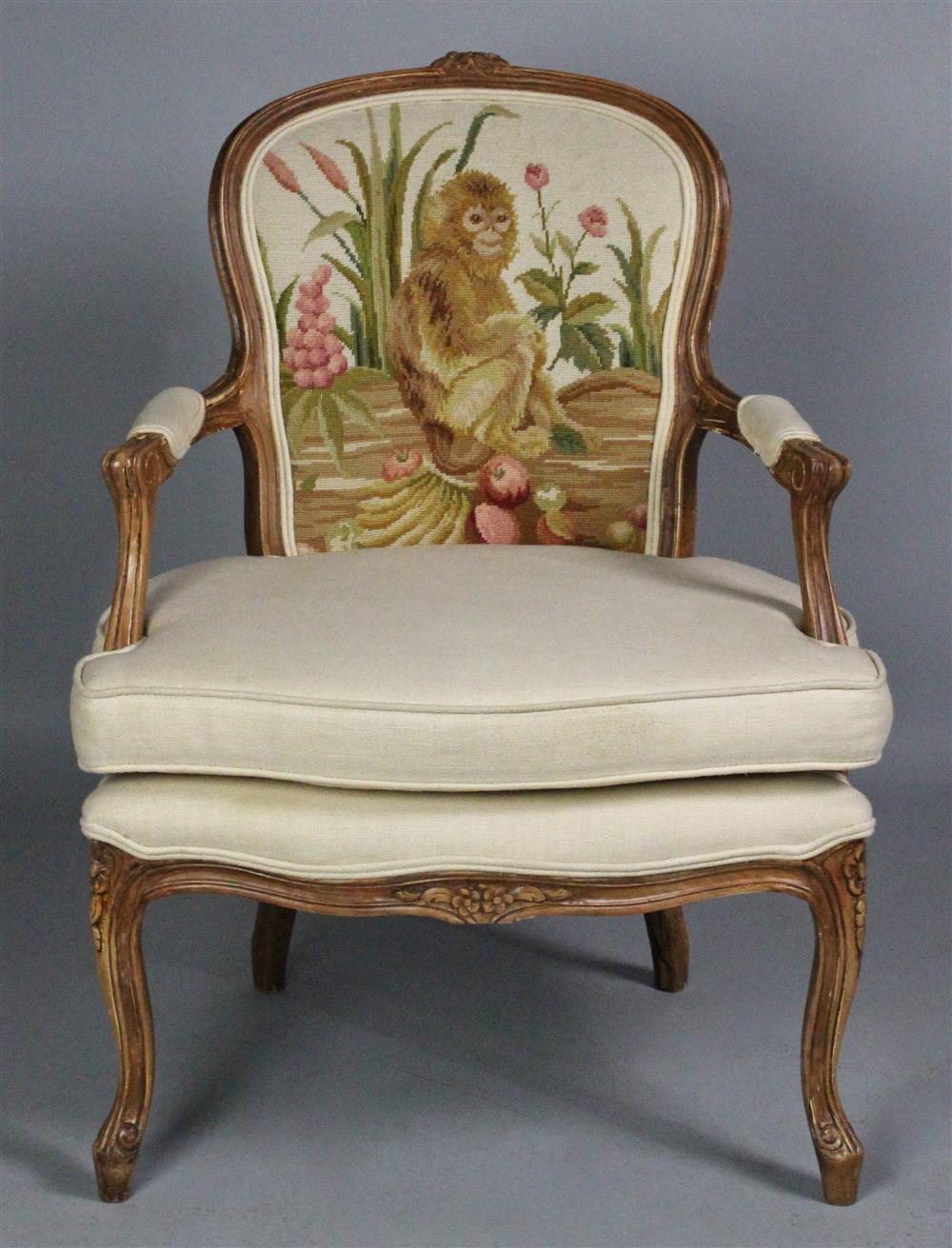 Appraisal: LOUIS XV STYLE BEECHWOOD FAUTEUIL WITH NEEDLEPOINT BACK DEPICTING MONKEY