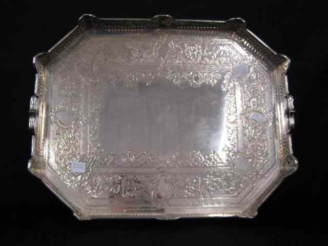 Appraisal: Silverplate Gallery Tray ornate engraving reticulated sides footed '' x