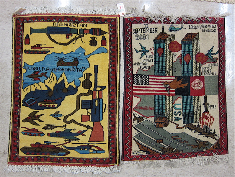 Appraisal: TWO AFGHANI PICTORIAL WAR MATS including a New York Twin