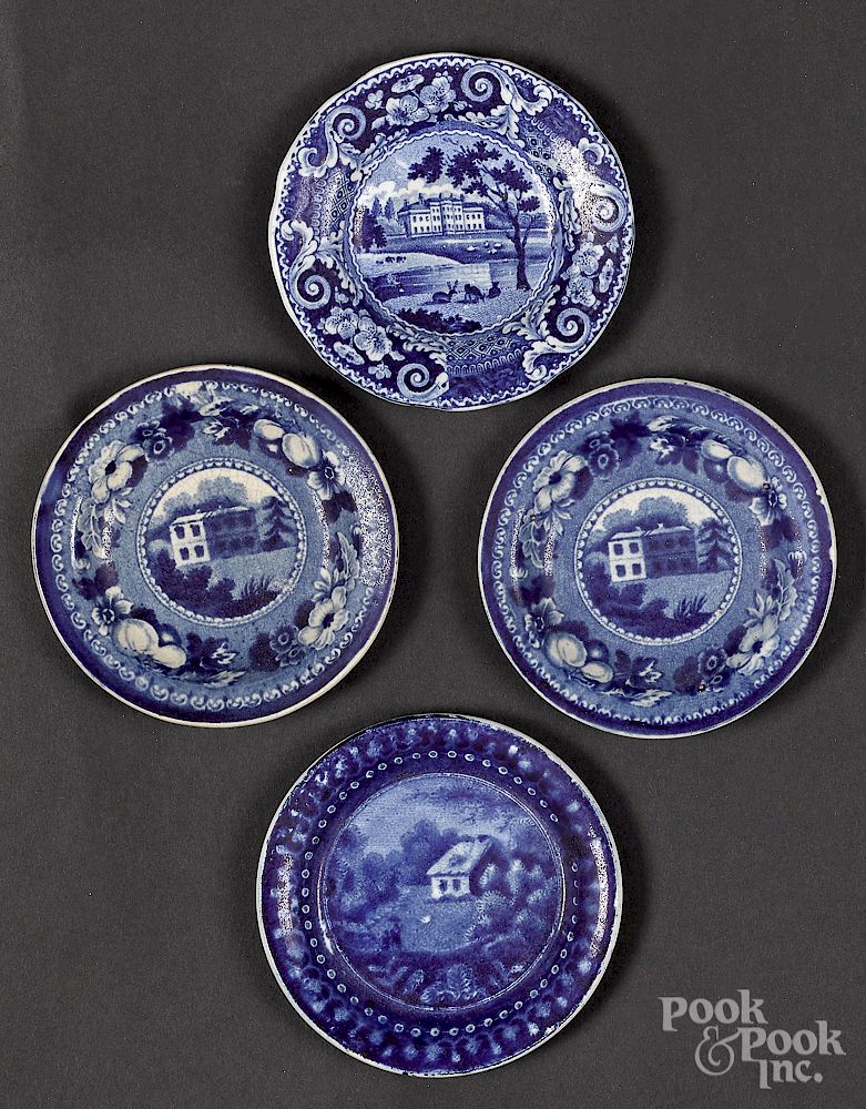 Appraisal: Four blue Staffordshire cup plates Exclusive on Bidsquare Four blue