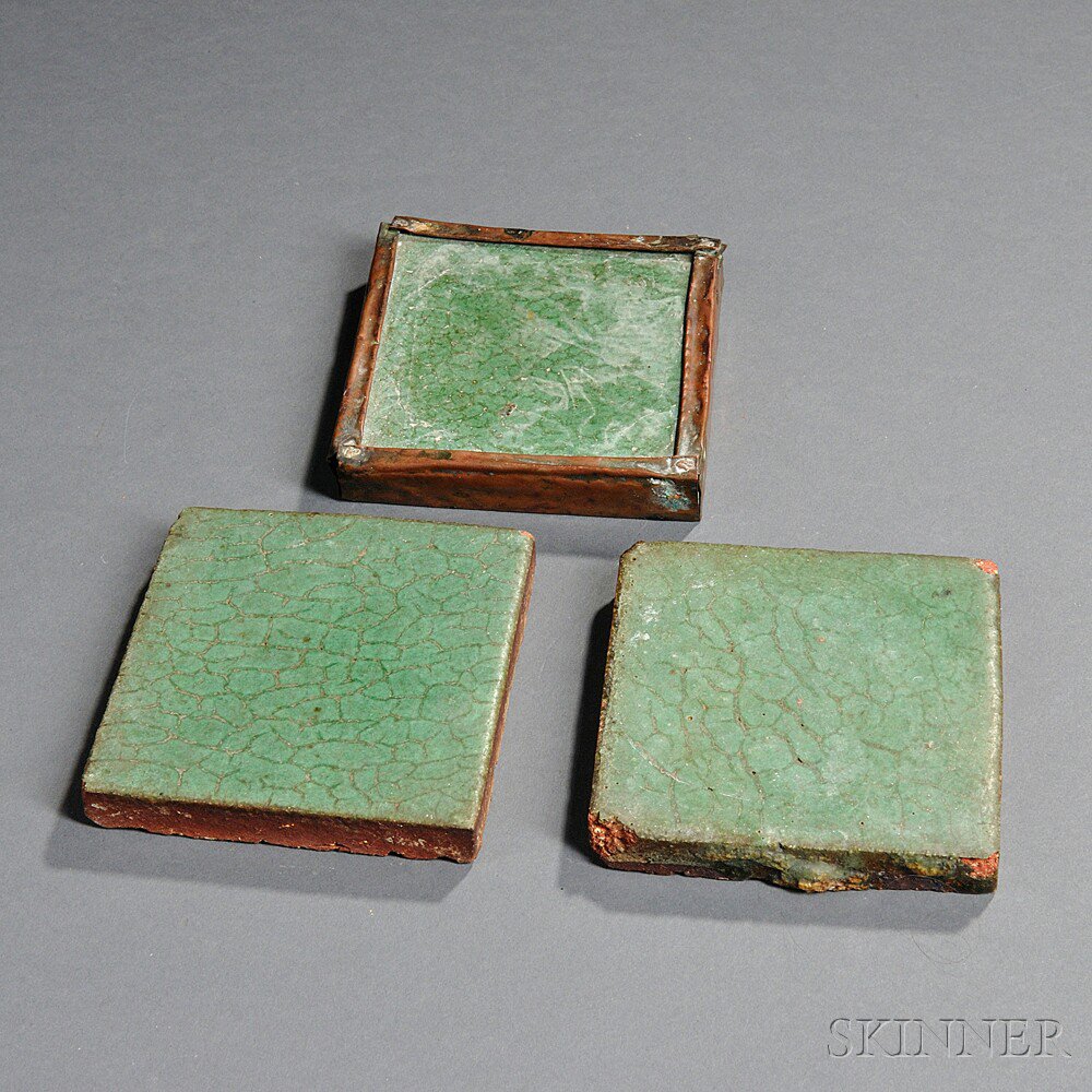 Appraisal: Three Grueby Tiles Pottery Boston Massachusetts c In matte green