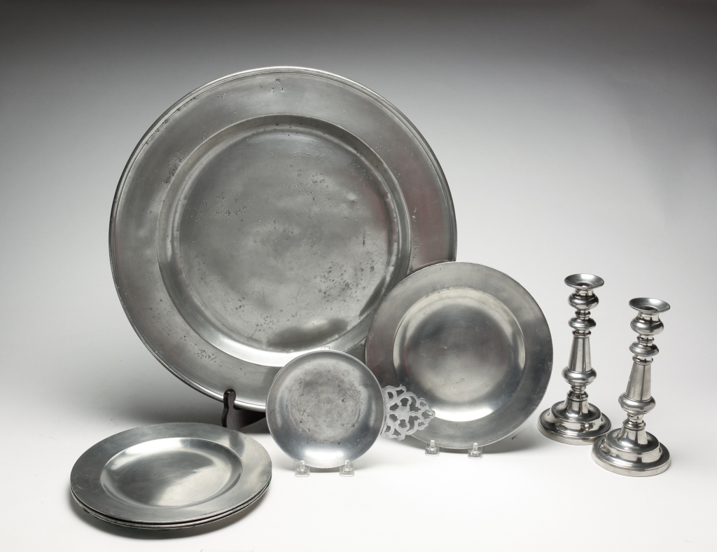 Appraisal: EIGHT PIECES OF PEWTER Nineteenth and th centuries Pair of