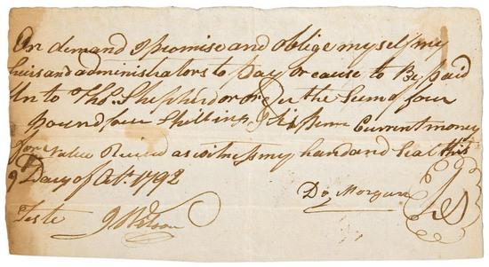 Appraisal: AMERICAN REVOLUTION - MORGAN Daniel Manuscript promissory note signed D