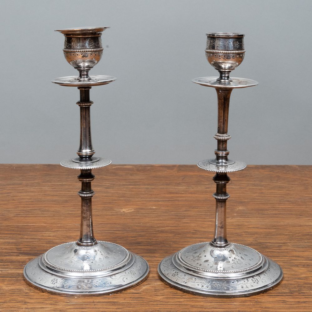 Appraisal: Pair of Continental Silver Plate Candlesticks x in diam John