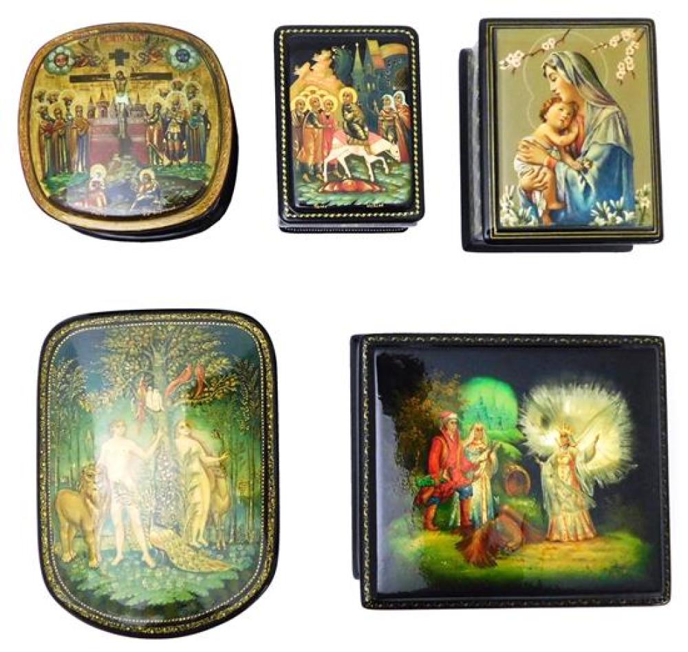 Appraisal: Russian hand-painted lacquer boxes group of five religious themed pieces