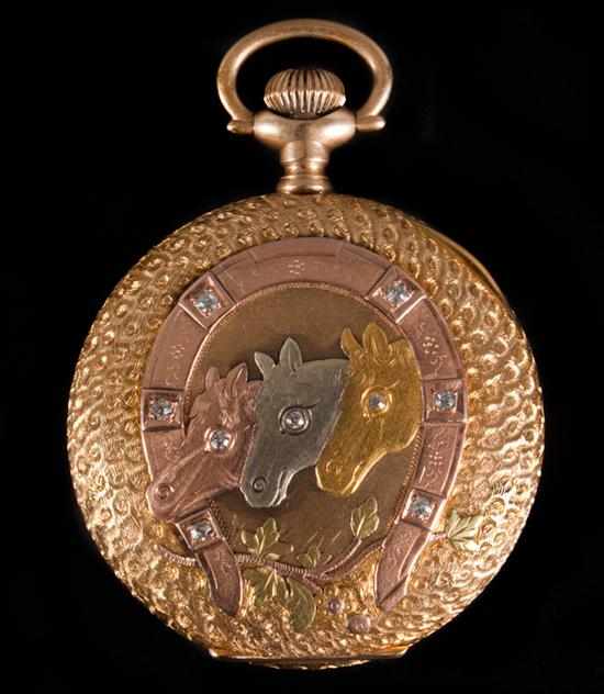 Appraisal: Waltham K tri-color gold and diamond equestrian motif hunting-case pocket