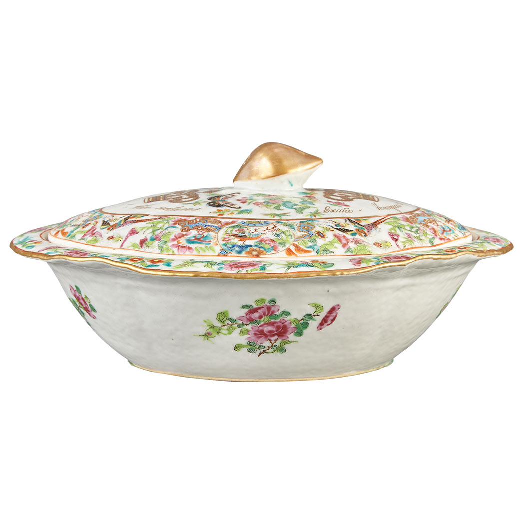 Appraisal: Canton Famille Rose Armorial Porcelain Covered Vegetable Dish From the