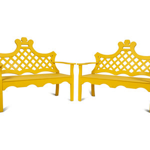 Appraisal: Two Yellow Painted Wood Garden Benches TH CENTURY Height x