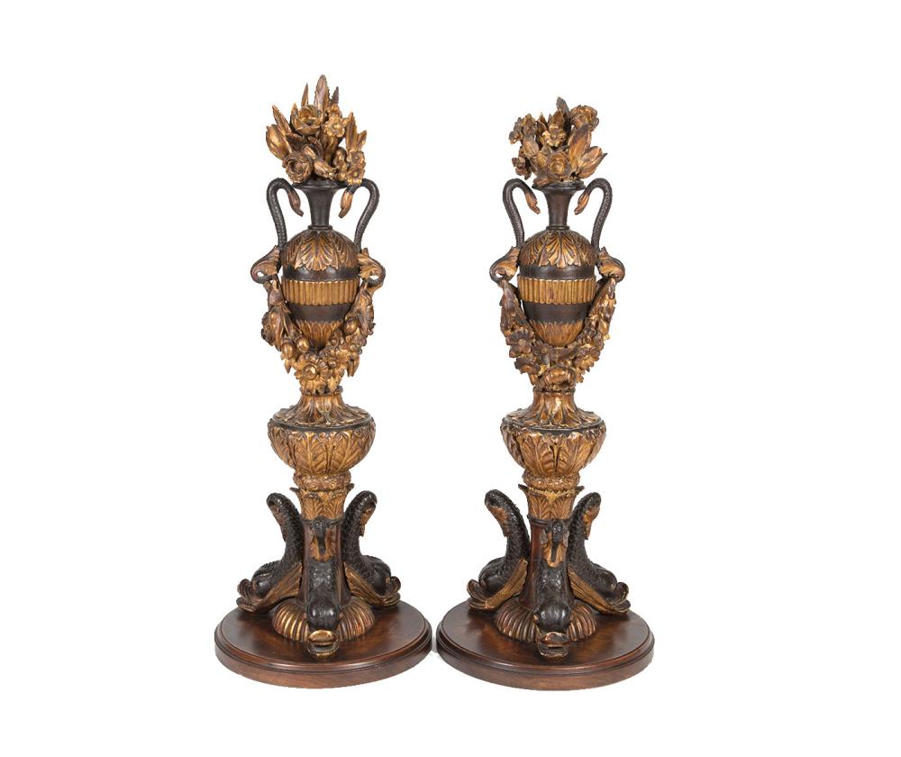 Appraisal: Pair of Continental Giltwood and Patinated Figural Garnitures vasiform swan's