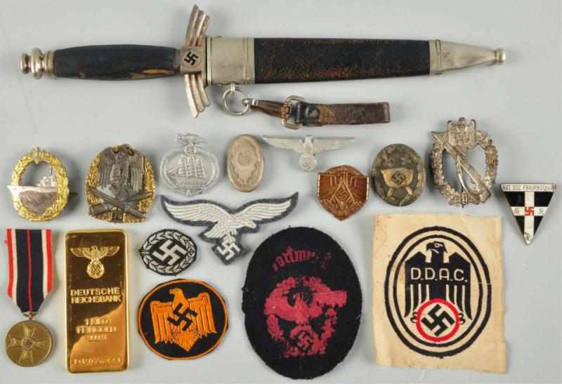 Appraisal: German Nazi Military Medals Patches Dagger Includes ten various pins