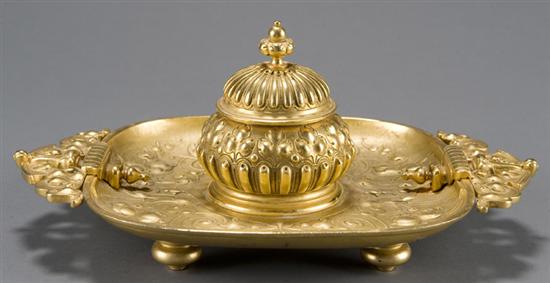 Appraisal: Gilt single inkwell Late th early th century Double handled