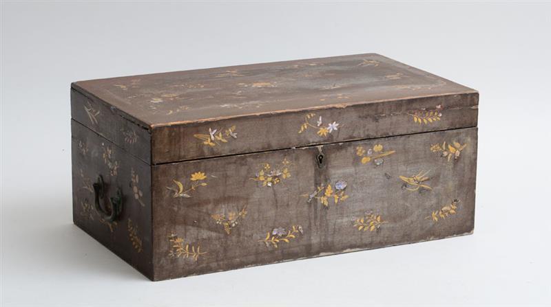 Appraisal: JAPANESE MOTHER-OF-PEARL INLAID BROWN LACQUER DRESSING BOX The hinged lid