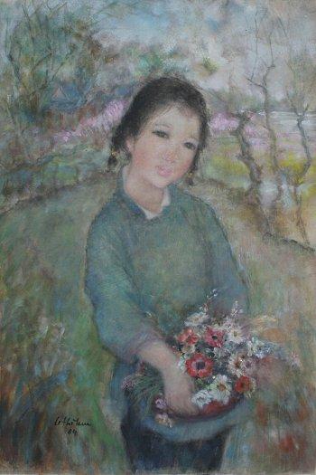 Appraisal: LE THI LUU Vietnamese - Smiling Girl with Flowers in