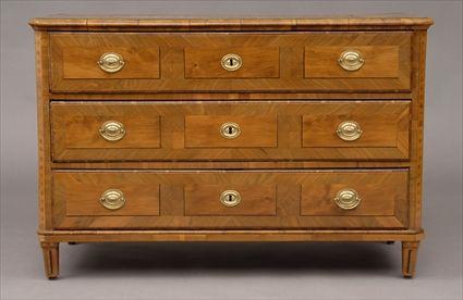 Appraisal: CONTINENTAL PARQUETRY-INLAID WALNUT CHEST OF DRAWERS The -veneered crossbanded canted