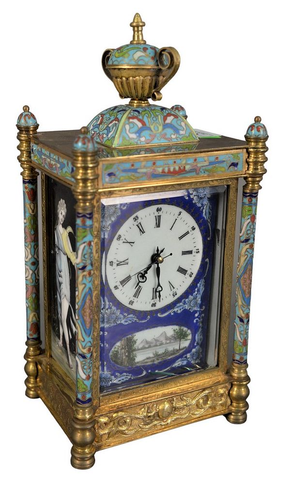 Appraisal: French Enameled Brass Mantle Clock having painted enameled sides of