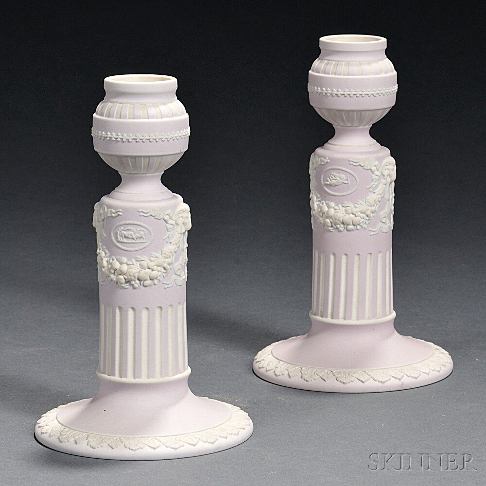 Appraisal: Pair of Wedgwood Pale Lilac Jasper Dip Candlesticks England th