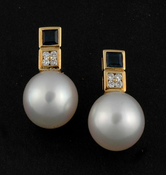 Appraisal: A PAIR OF SOUTH SEA PEARL SAPPHIRE AND DIAMOND EARRINGS