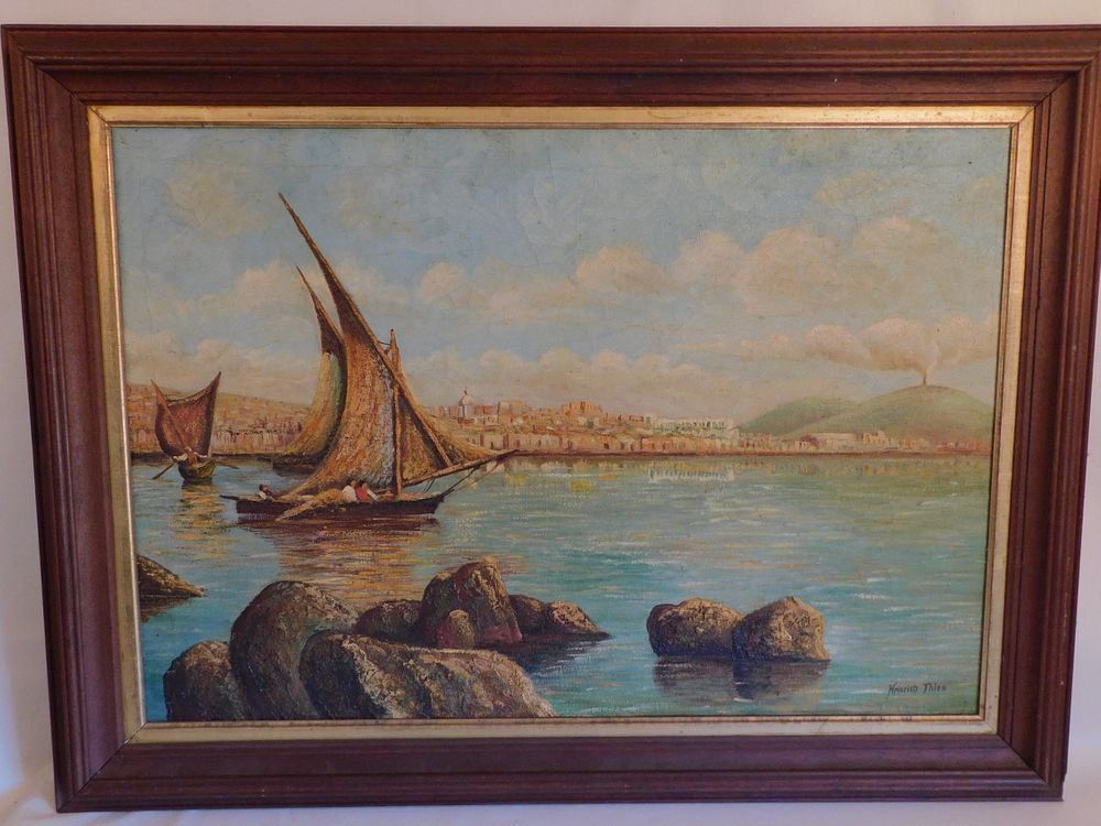 Appraisal: HEINRICH THIES ITALIAN HARBOR PAINTING Old painting of an Italian