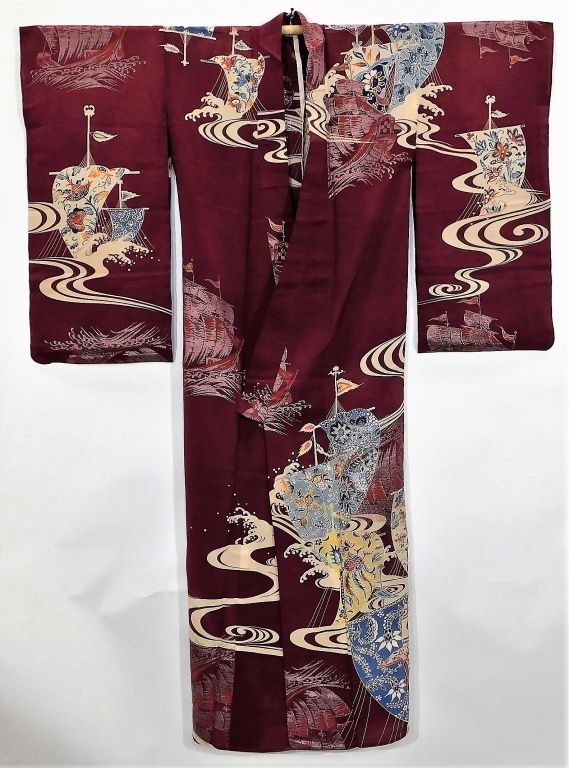 Appraisal: MEIJI PERIOD BOATS AND FLOWERS FURISODE KIMONO Japan Circa Hand