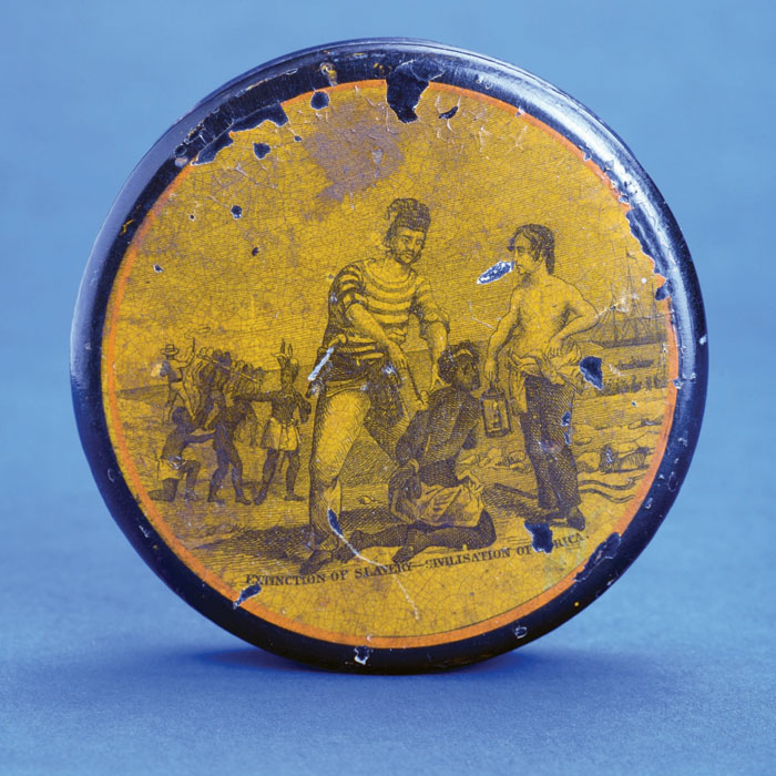 Appraisal: PAPIER MACHE SNUFF BOX WITH ENGRAVING quot EXTINCTION OF SLAVERY