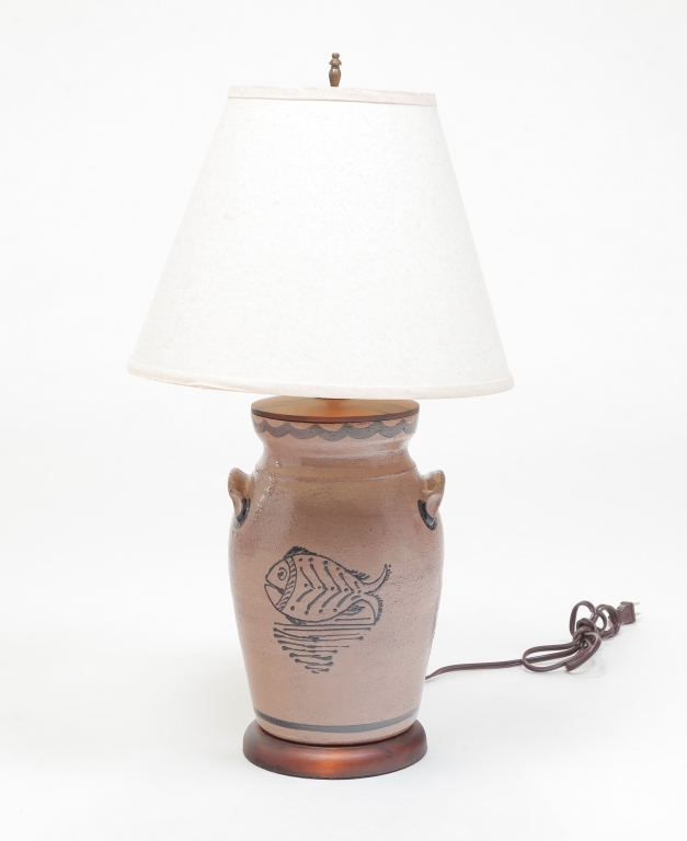 Appraisal: Contemporary Tan glaze with cobalt freehand fish decoration h