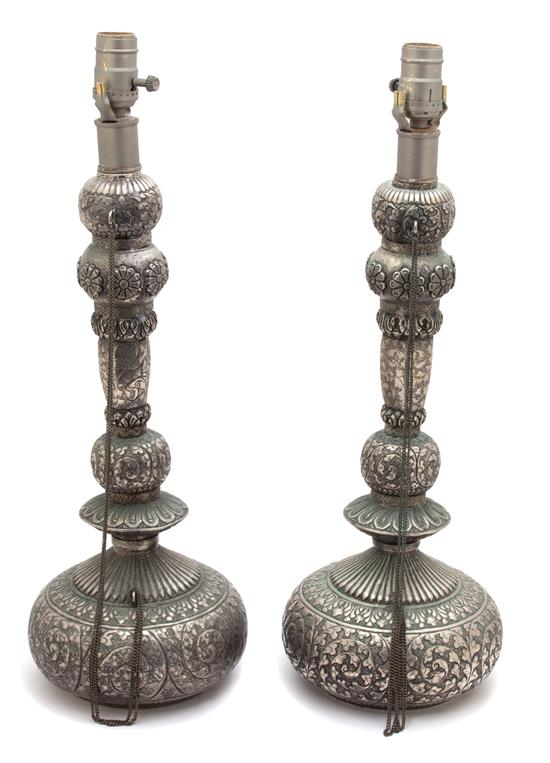 Appraisal: Sale Lot A Pair of Indian Stamped Metal Hookah-Form Table