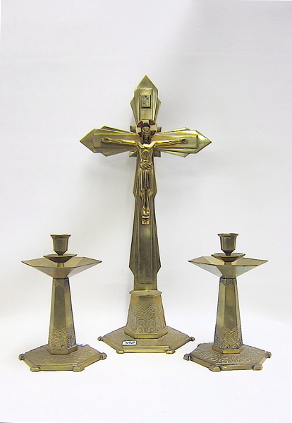 Appraisal: BRASS AND BRONZE ALTAR SET Crucifix and matching pair of