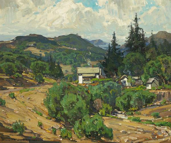 Appraisal: William Wendt American - Houses in the mountains resort signed