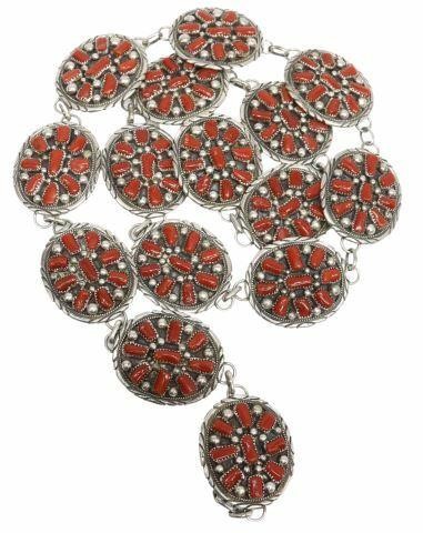 Appraisal: Native American sterling silver and coral concho belt stamped Tommy