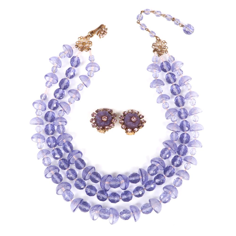 Appraisal: MIRIAM HASKELL TRIPLE STRAND NECKLACE WITH AMETHYST GLASS FACETED AND