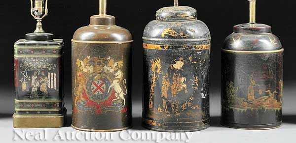 Appraisal: Four English T le Peinte Tea Canisters of various forms